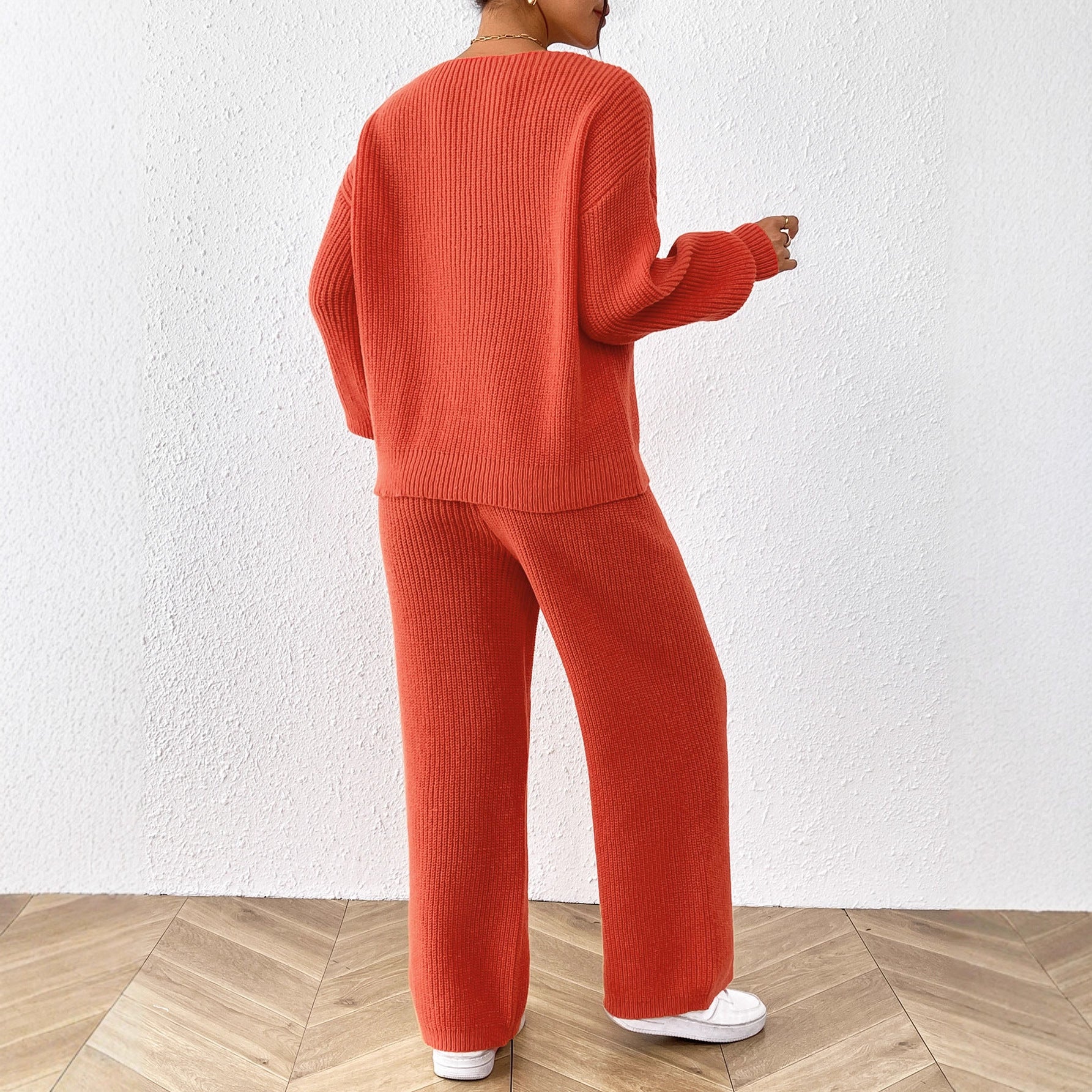 Women Simple Casual Wool V neck Loose Top Solid Color Wide Leg Straight Pants Two Piece Sweater