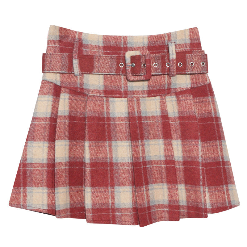 With Belt Plaid Woolen Pleated High Waist Anti Skirt
