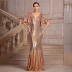 Women's V neck Half Sleeve Solid Color Sequ Slim Fit Fishtail Evening Dresses