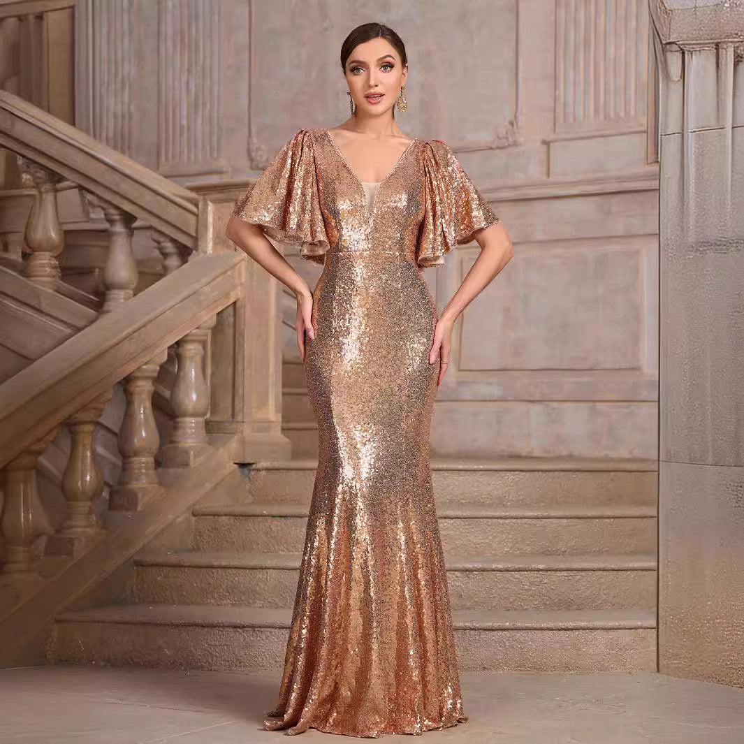 Women's V neck Half Sleeve Solid Color Sequ Slim Fit Fishtail Evening Dresses