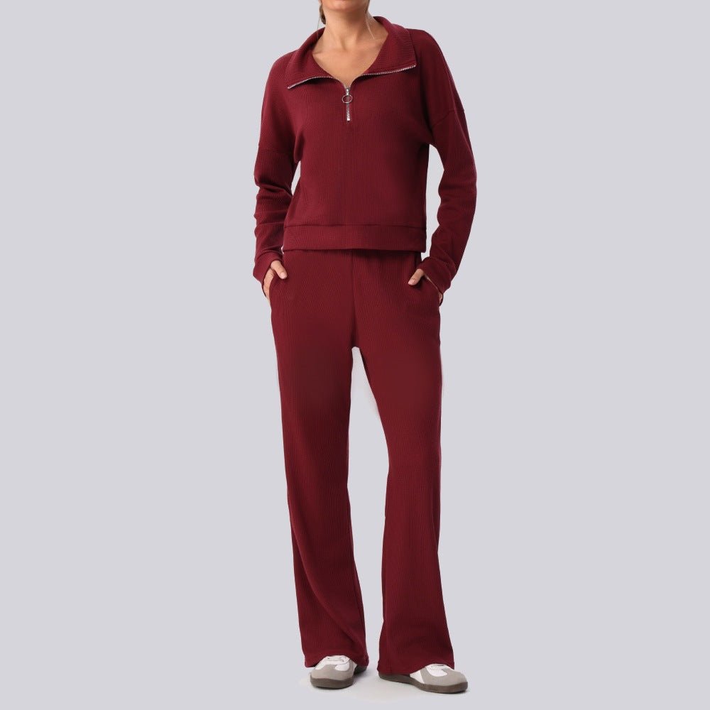 Women's Waffle-Knit Half-Zip Top And Wide-Leg Pants Set