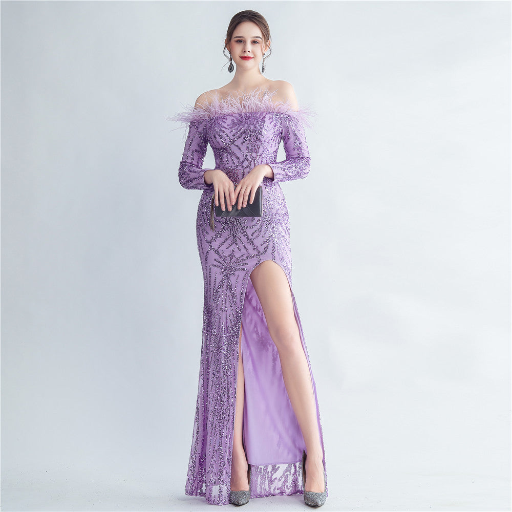 Women's Ostrich Hair Sequin Off-Shoulder Long Sleeve Fishtail Evening Dress
