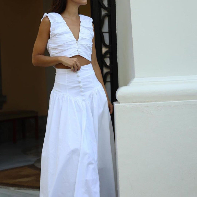 Pleated Vest & High-Waist Skirt Set