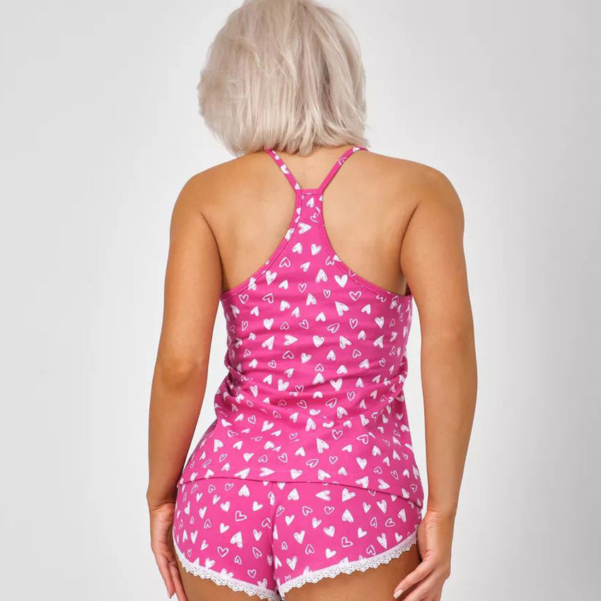 Heart Printing Lace Design Sexy Strappy Bow Lace Shorts Two Piece Set Ladies Homewear