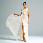 Women's One-Shoulder Sequin Ruffled Slit Evening Maxi Dress