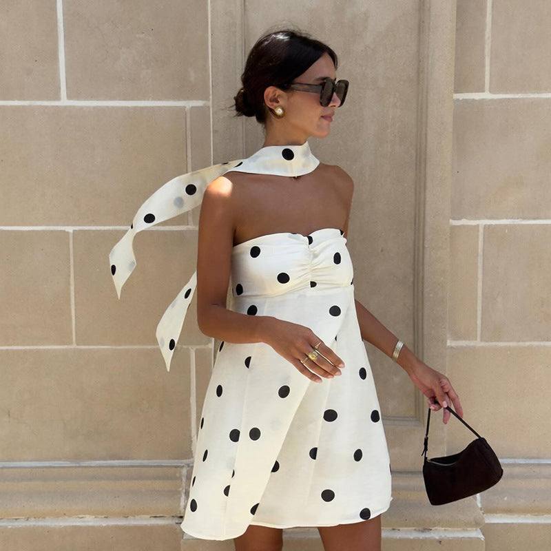 Polka-Dot Sweetheart Scarf-Detail A-Line Mini Dress