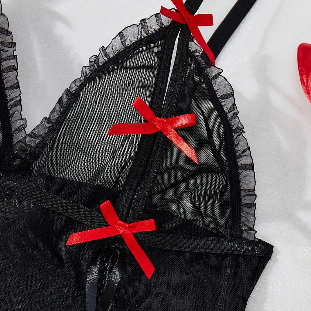 Sexy Lingerie for Women Sexy Lace up Hollow Out Cutout Temptation Sweet Bow Suspender Bed Uniform Headband