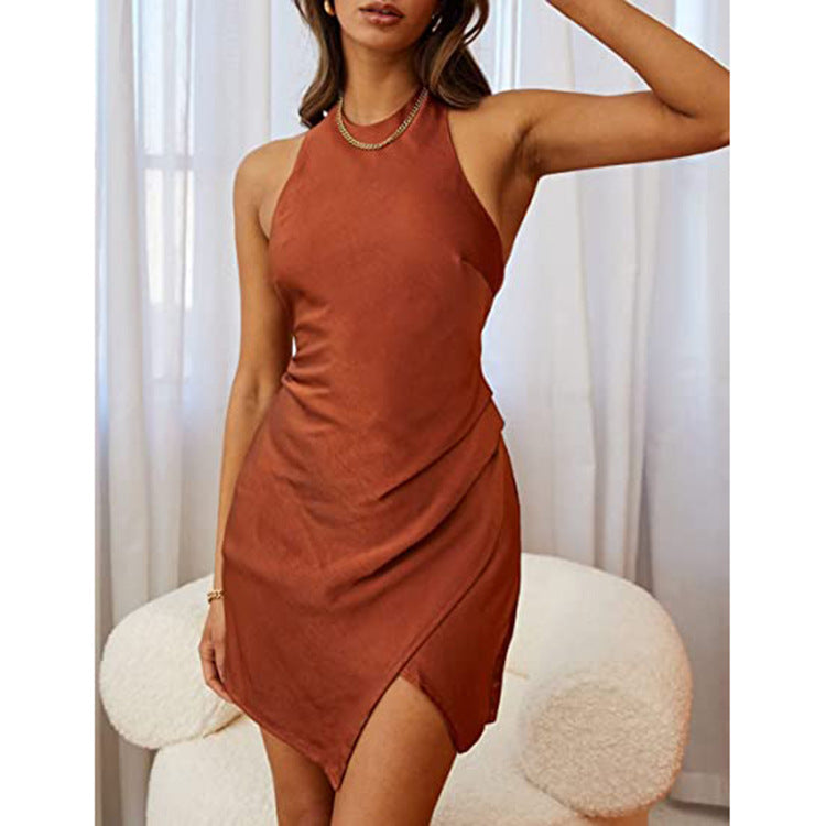 Women's Satin Halter Backless Slit Mini Dress