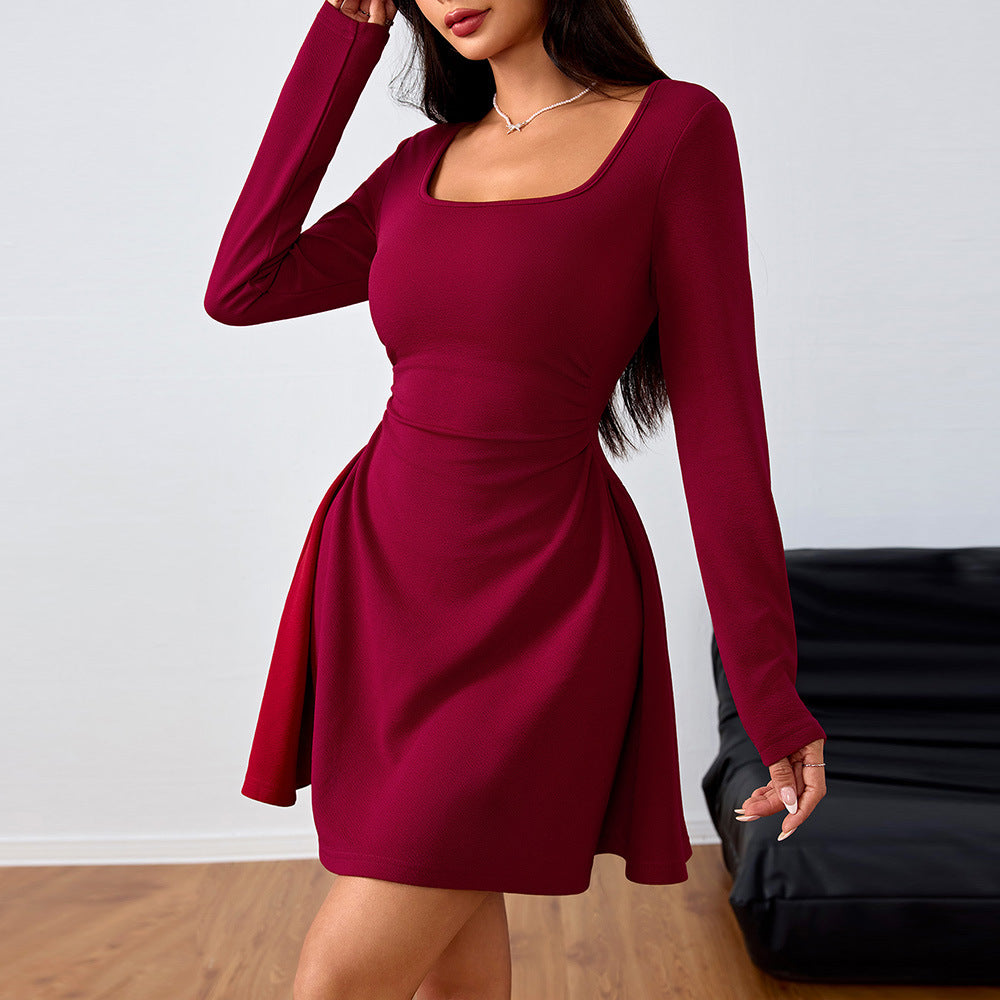 Burgundy summer dress with square neckline and long sleeves, fitted waist, flared skater skirt
