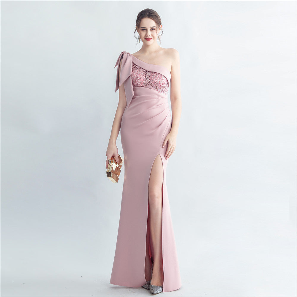 One Shoulder Lace Beaded Slit Evening Maxi Dress