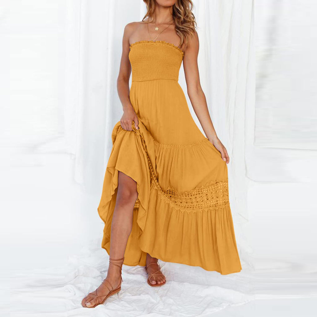 Women's Solid Color Tube Top Hem Long Sleeveless Retro Bohemian Waist Tight Dress