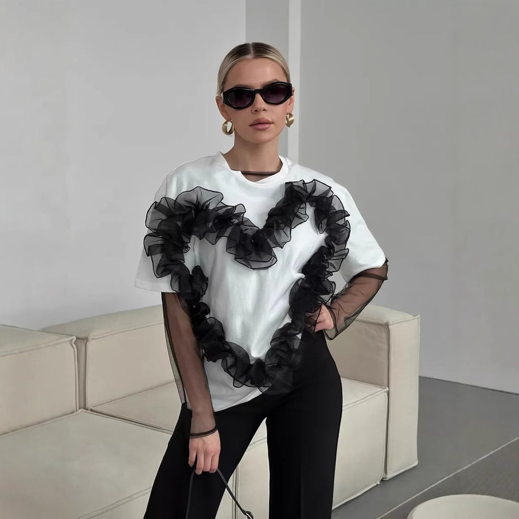 Women's Love Pleated Stitching T Shirt Women Round Neck Loose Fitting Pure Cotton Top