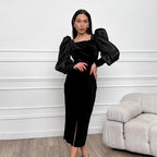 Black Velvet Square-Neck Puff-Sleeve Dress