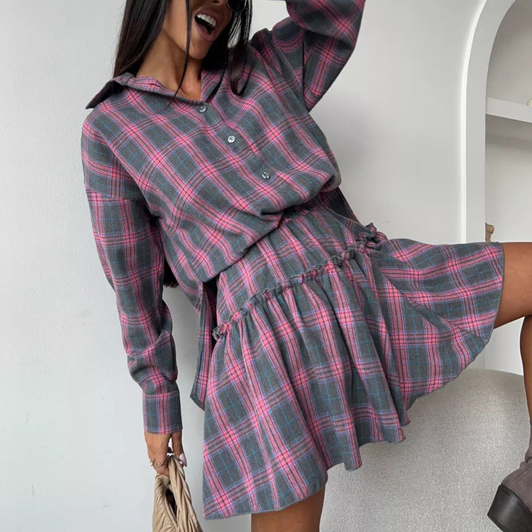 Check Skirt Set Collared Loose Shirt Lace