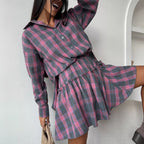 Check Skirt Set Collared Loose Shirt Lace
