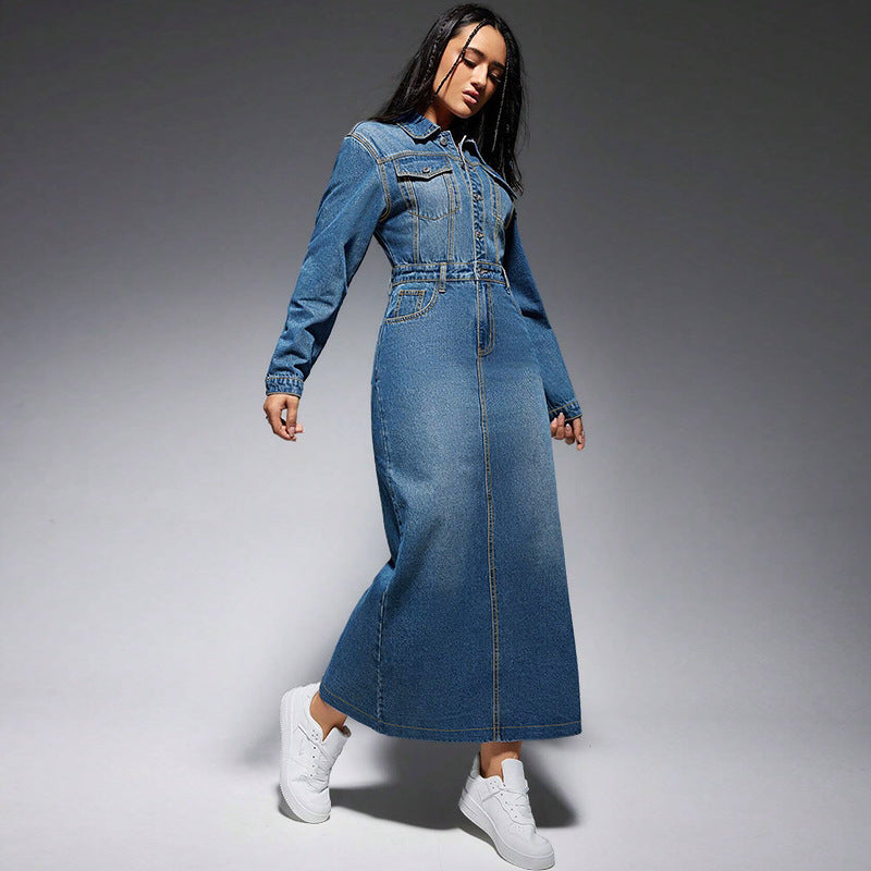Collared Button-Front Split Maxi Dress