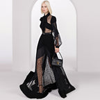 Women's Collared Lace Patchwork Tie Long-Sleeve A-Line Maxi Dress