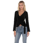 Women's French Minority Design Top Women Black V Neck Long Sleeve Nipped Waist Knit Sweater Chest Lace Up Golden Ring Decoration