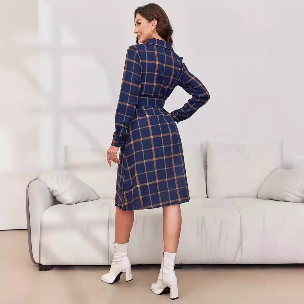 Women's Plaid Collared Long Shirt Dress
