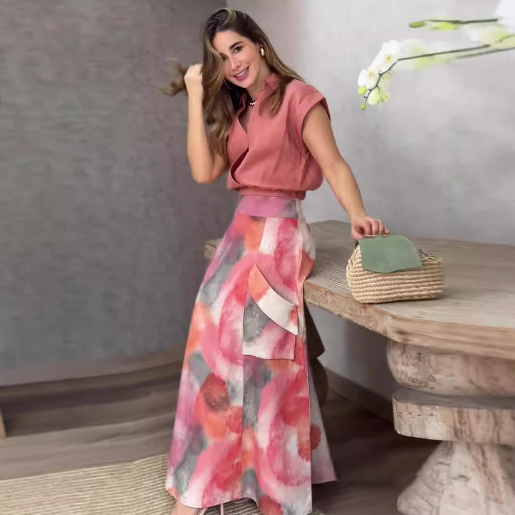 Shirt Short Sleeve Top Nipped Waist Skirt Two Piece Set Clothes