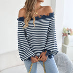 Women's Striped Off-Shoulder Lantern-Sleeve Sweater