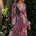Floral V-Neck Long-Sleeve A-Line Maxi Dress