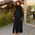 Split Solid Color Pleated Elegant Hip High Collar Long Dress