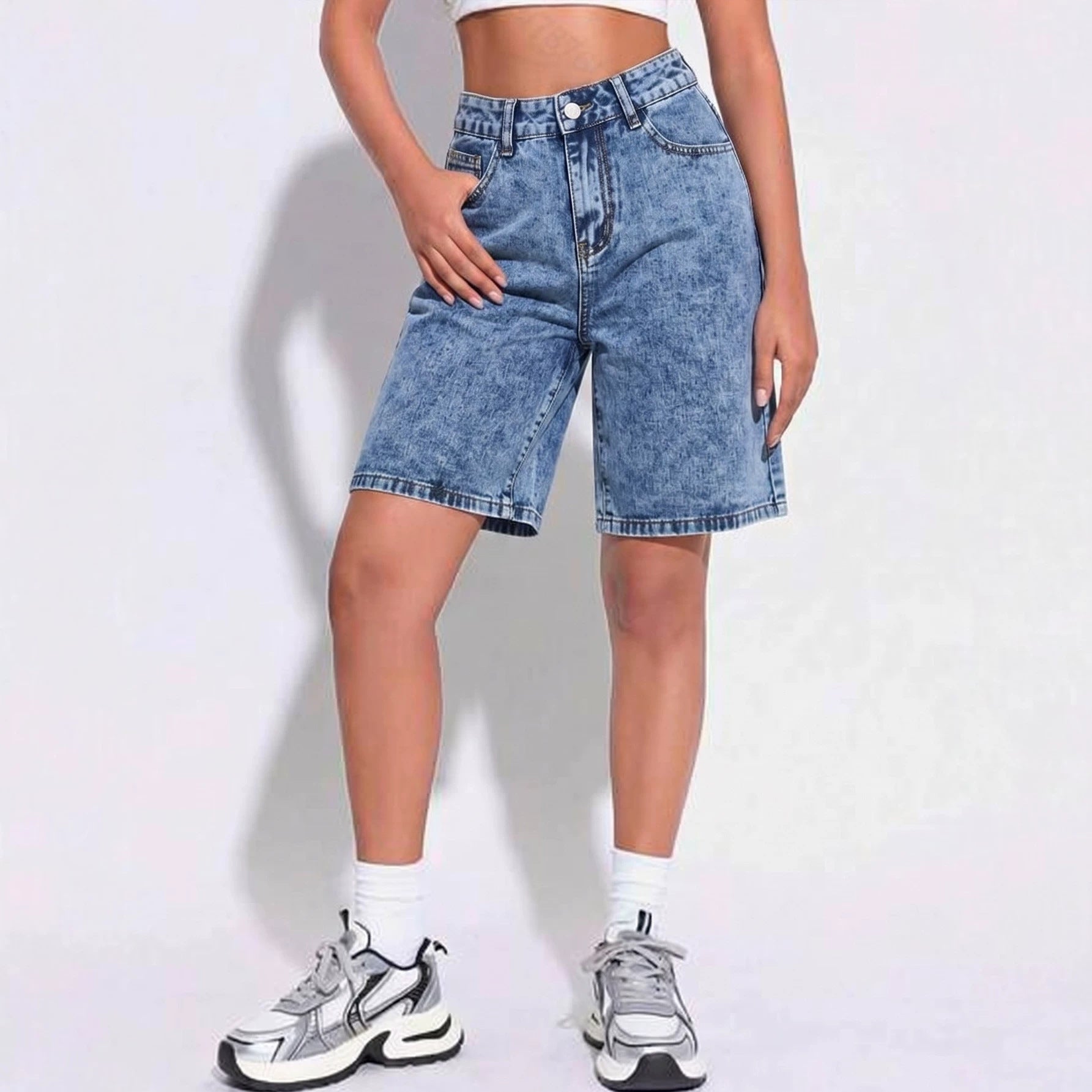 Summer Denim Shorts Women Blue Washed Distressed Loose