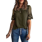 Women's Summer Women Round Neck Short Sleeve Top Lace Chiffon Shirt