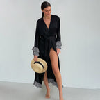 Autumn Black Satin Stitching Lace Nightgown Cardigan Long Sleeve Lace up Women Homewear