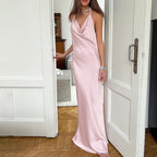Matte Satin Cocktail Evening Maxi Dress Halter