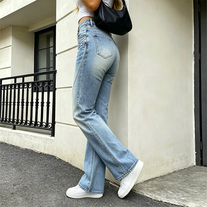Women's Washed Straight-Leg Denim Jeans