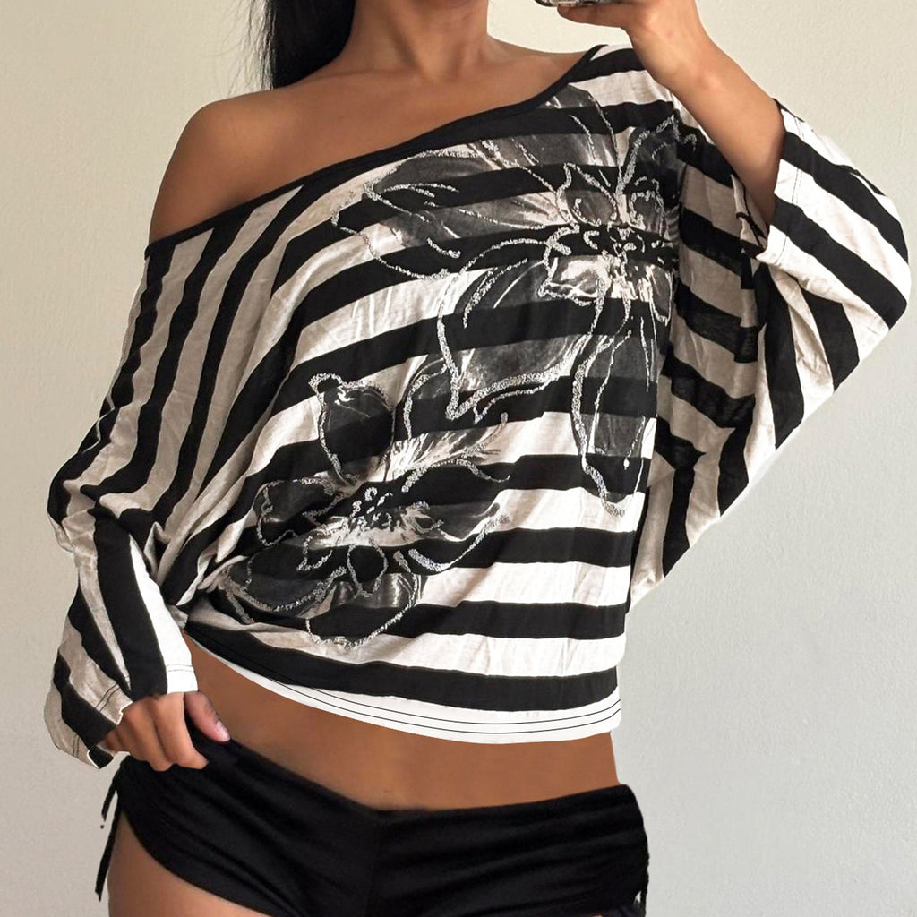 Women's Spring Autumn Retro Sexy Striped Loose Letter Graphic Print Street Long Sleeve Off Shoulder Off Shoulder T Shirt