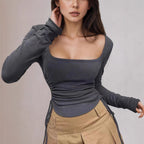 Women's Sexy Square Collar Long Sleeve T Shirt For Women Spring Autumn Slim Fit Drawstring Slimming Shoulder Top