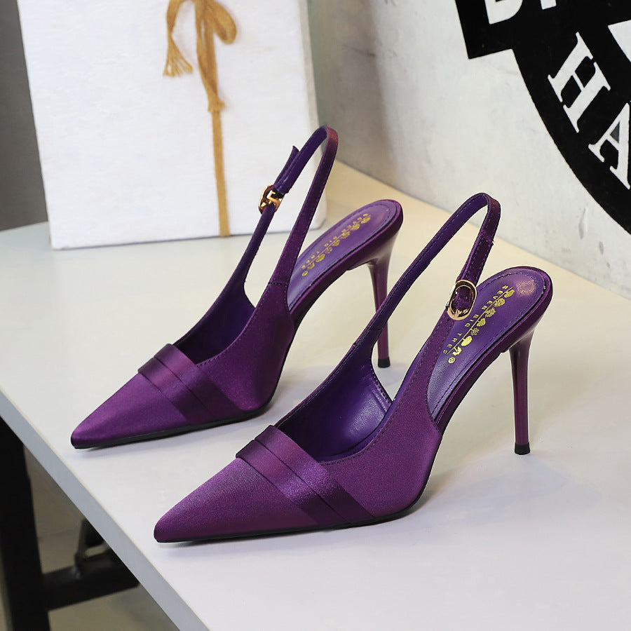 Women's French Satin Stiletto Heel High Heel Shoes Pointed Toe Shallow Mouth Back
