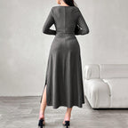 Women's Elegant Pure Dress Square Collar Pleated Waist Tight