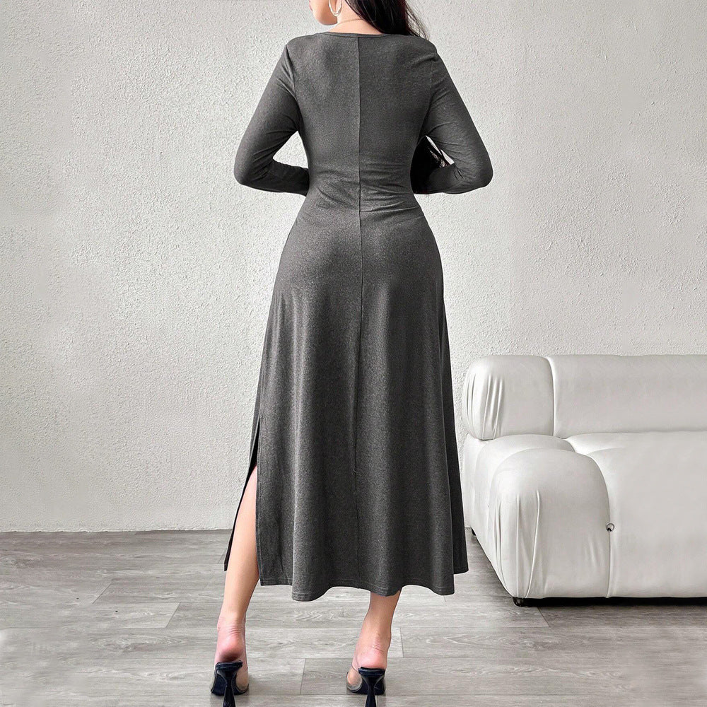 Women's Elegant Pure Dress Square Collar Pleated Waist Tight