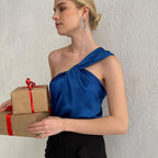 's Vest Oblique Shoulder Satin Base Fashion Klein Blue Top Can