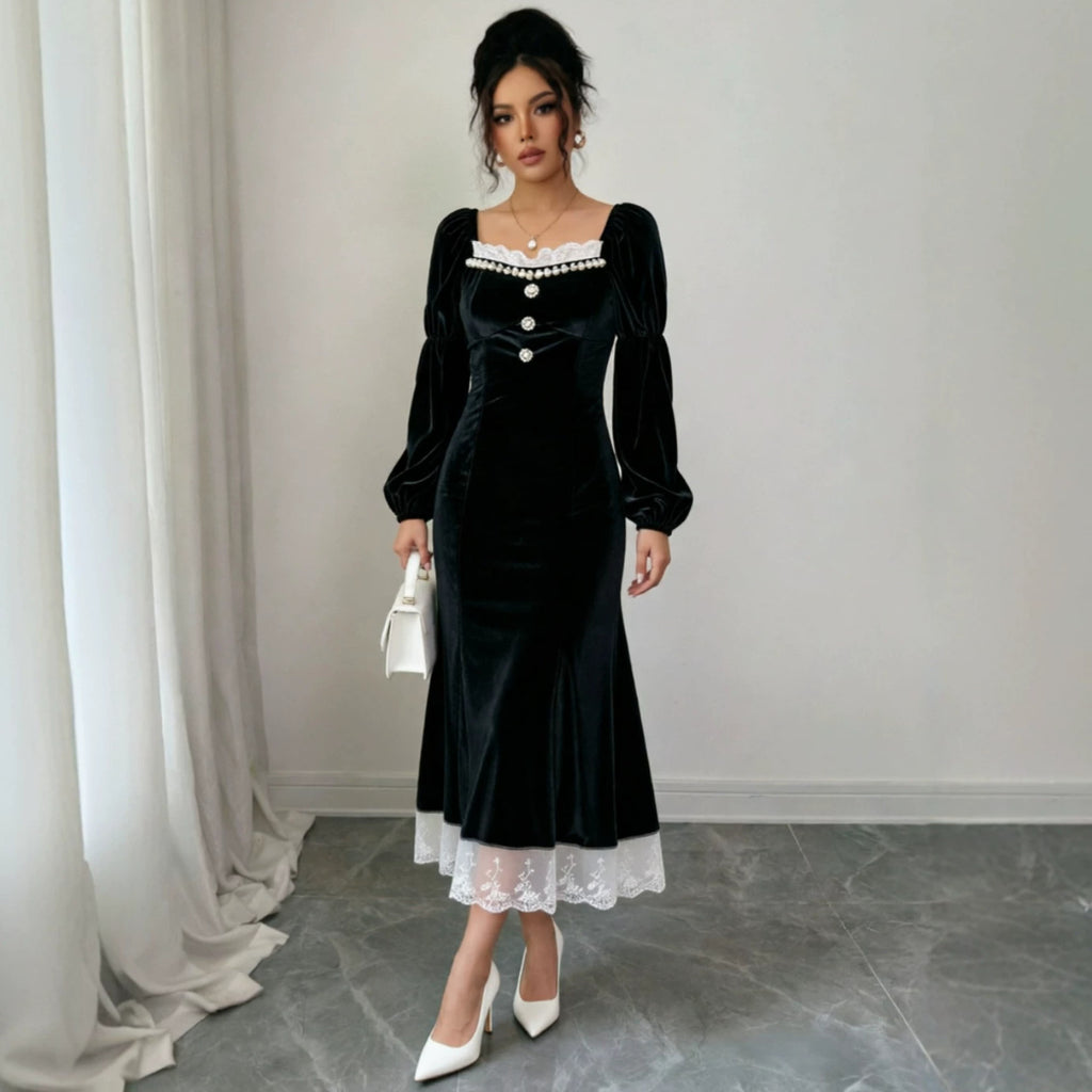 French Hepburn Wind Black Velvet Dress for Women Autumn Winter High Sense Cocktail Long Sleeve Black Dress