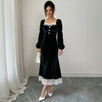 French Hepburn Wind Black Velvet Dress for Women Autumn Winter High Sense Cocktail Long Sleeve Black Dress