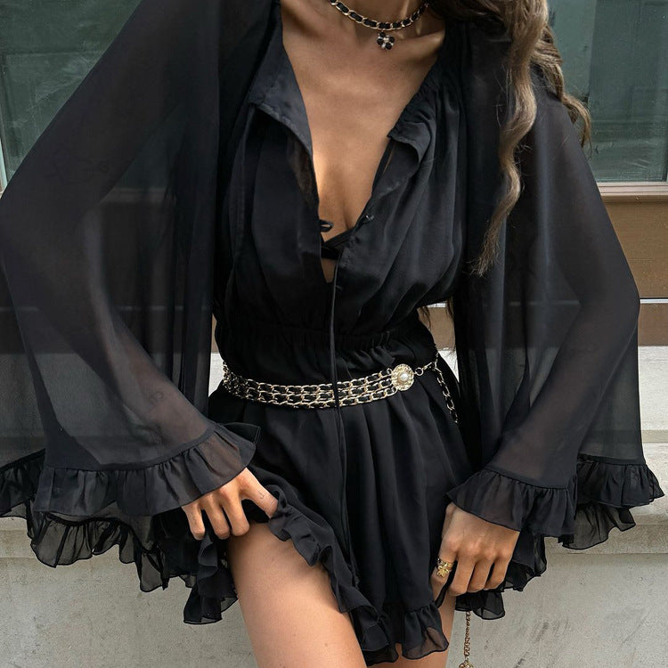 Women's Black Lace Long Sleeve A-Line Mini Dress