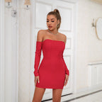 Backless Tube Top Off Shoulder Long Sleeve Bridesmaid Dress