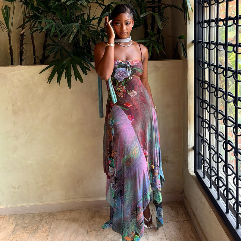 Multicolor floral maxi cami dress with spaghetti straps and long flowing skirt