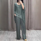 Printed Ice Silk Breathable V-Neck Loose Wide Leg Pants Casual Set