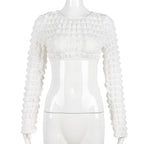 Women's Out Cutout Bubble Cropped Long Sleeve Off-Shoulder T-Shirt