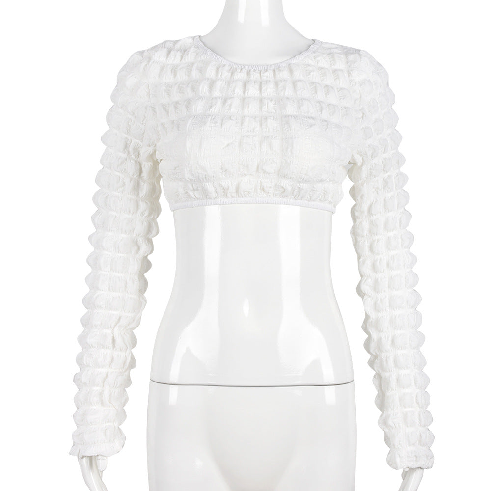 Women's Out Cutout Bubble Cropped Long Sleeve Off-Shoulder T-Shirt