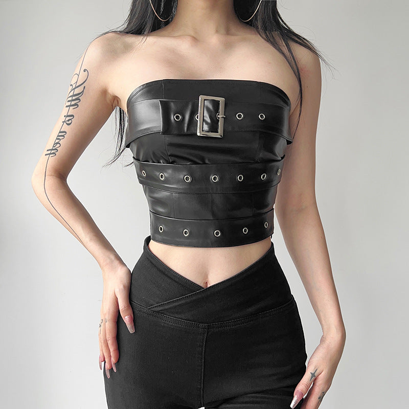 Solid Color Slim Fit Street Off Shoulder Collar Wrapped Chest
