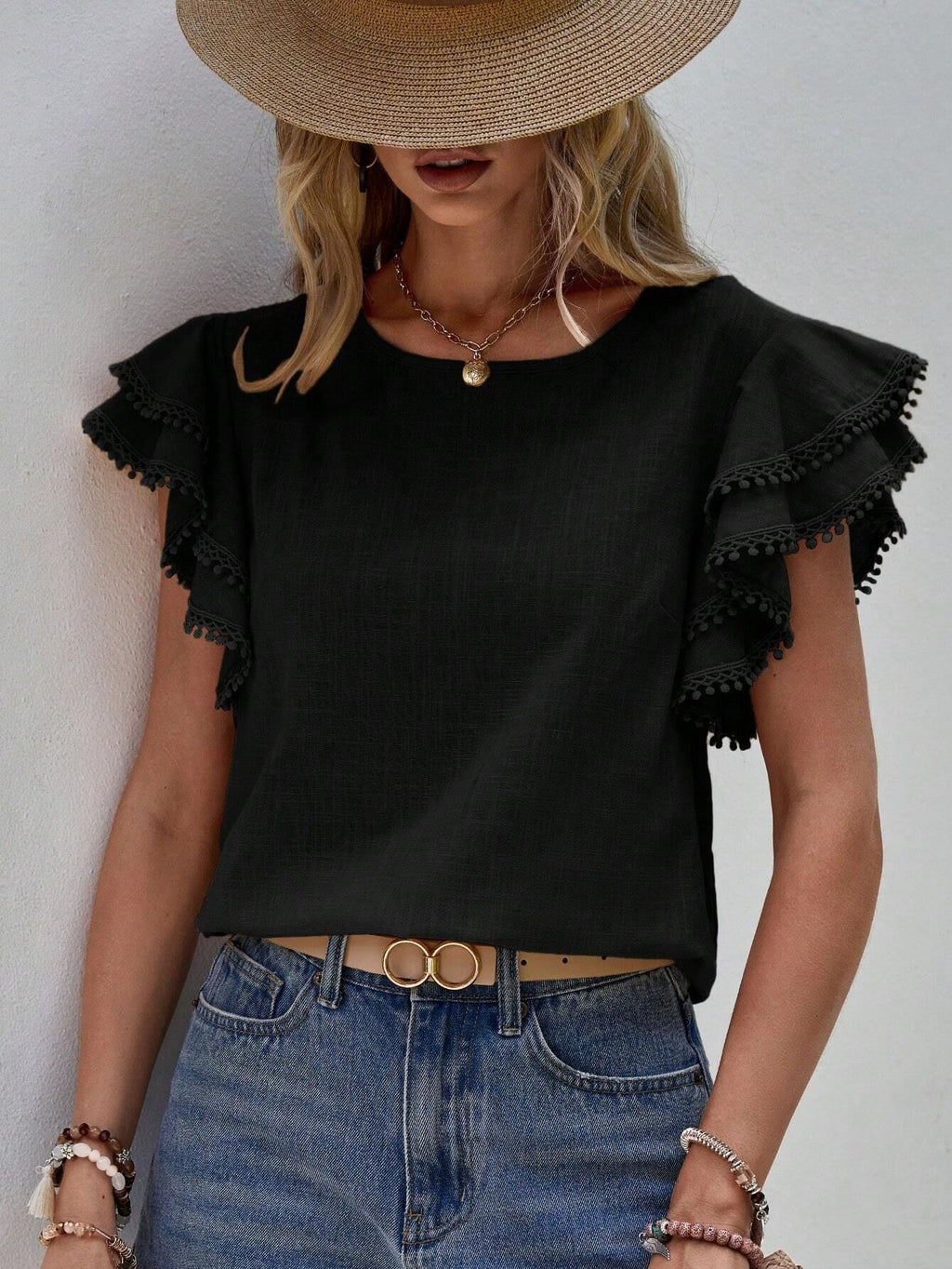 Lotus Leaf Batwing Loose Short Sleeve Top