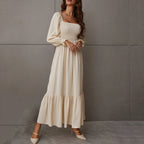 Women's Autumn Winter Pullover Square Collar Long Sleeve Ruffled High Waist Tight Office Dress For Women