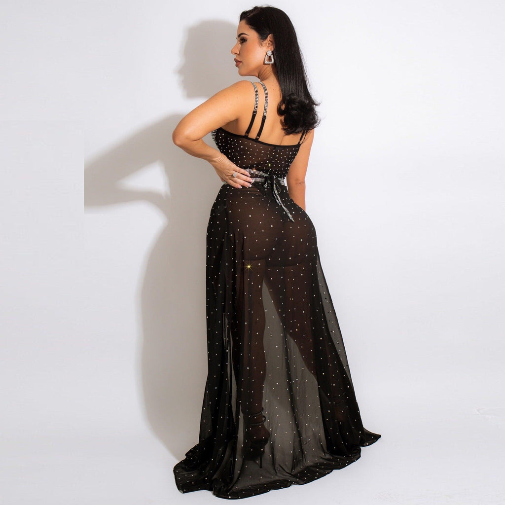 Women's Rhinestone Cutout Long-Sleeve Maxi Dress